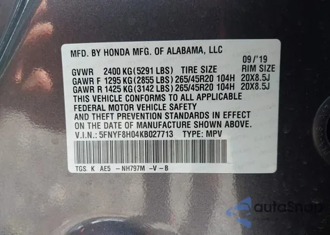 2019 Honda Passport Elite from USA, damaged, VIN 5FNYF8H04KB027713